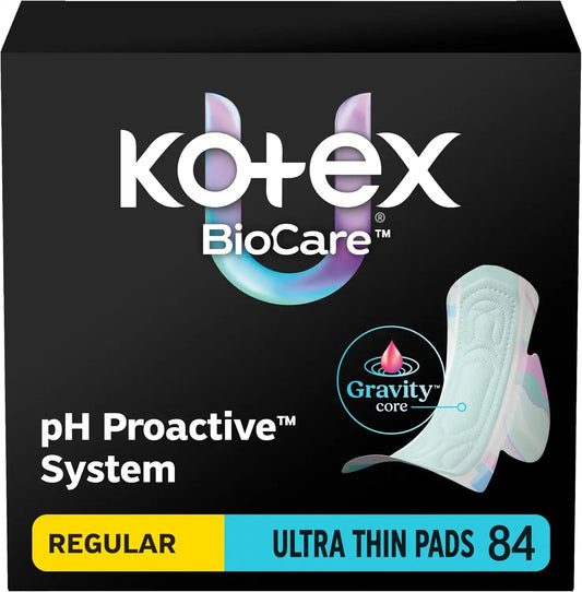 Kotex BioCare Ultra Thin Pads, Wings, Regular, 84 Count, 3 Packs of 28