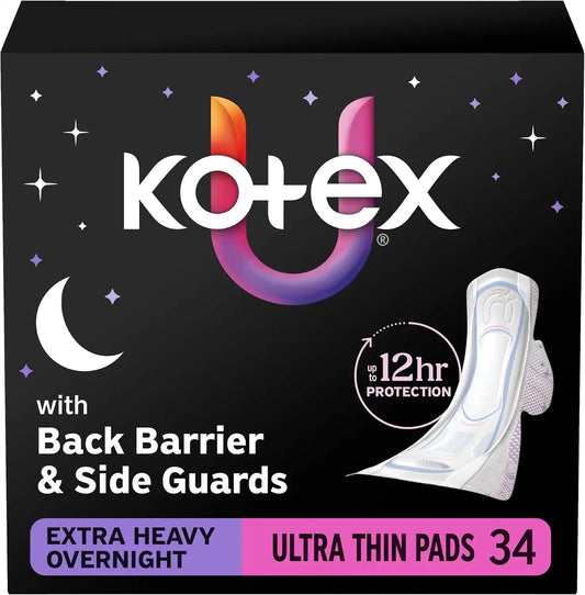 Kotex Ultra Thin Overnight Pads, Wings, Extra Heavy, 34 Count
