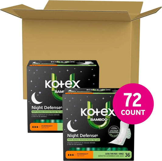 Kotex Bamboo Ultra Thin Overnight Pads, Wings, 72 Count, 2 Packs of 36