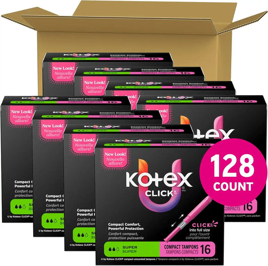U by Kotex Click Compact Tampons, Super, 128 Count, 8 Packs of 16
