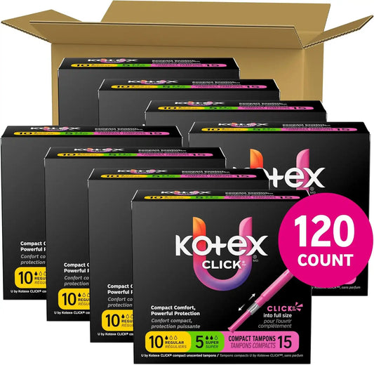 U by Kotex Click Compact Tampons, Regular/Super, 120 Count, 8 Packs of 15