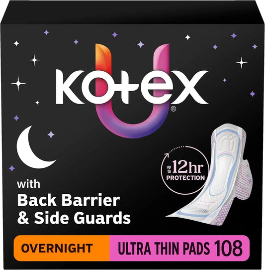 Kotex Ultra Thin Overnight Pads, Wings, Heavy, 108 Count, 3 Packs of 36