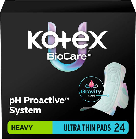 Kotex BioCare Ultra Thin Pads, Wings, Heavy, 24 Count