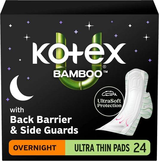 Kotex Bamboo Ultra Thin Overnight Pads, Wings, 24 Count