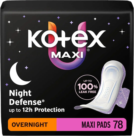 Kotex Overnight Maxi Pads, Wings, 78 Count, 3 Packs of 26