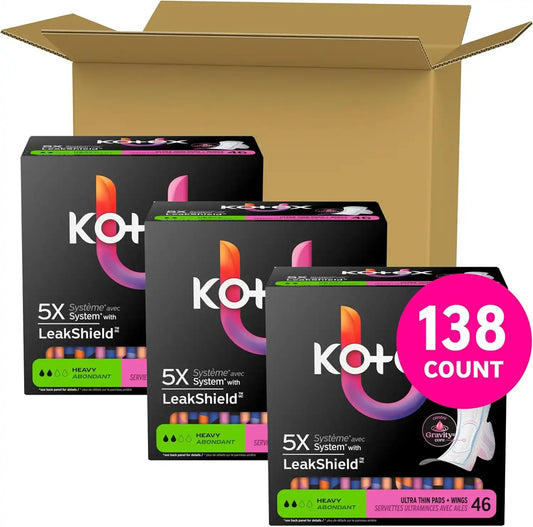 Kotex Ultra Thin Pads, Wings, Heavy, 138 Count, 3 Packs of 46