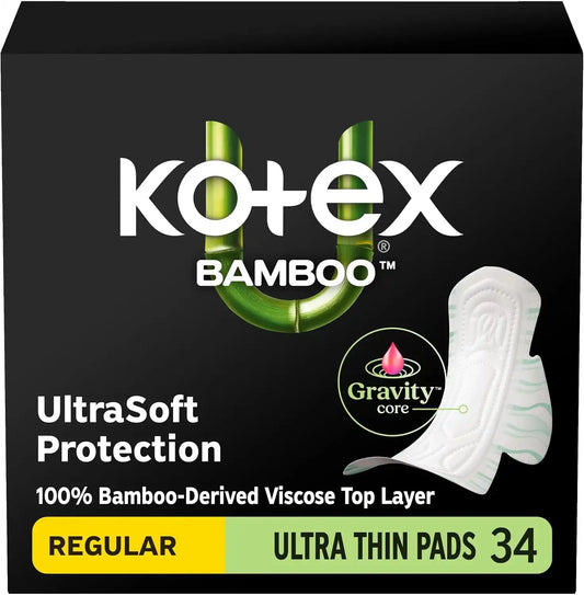Kotex Bamboo Ultra Thin Pads, Wings, Regular, 34 Count