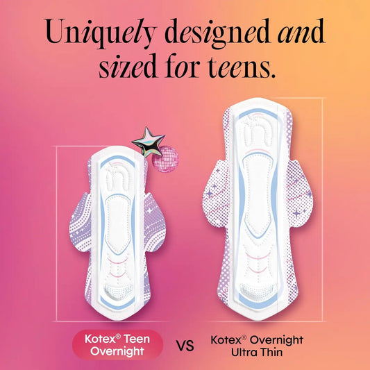 Kotex Ultra Thin Teen Overnight Pads, Wings, Heavy, 30 Count