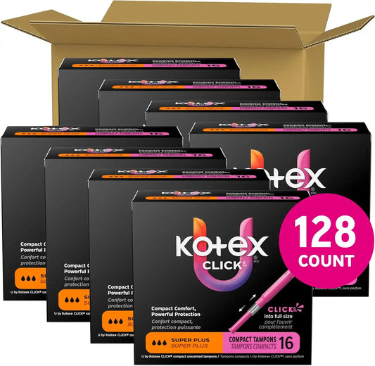 U by Kotex Click Compact Tampons, Super Plus, 128 Count, 8 Packs of 16