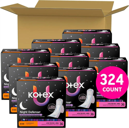 Kotex Ultra Thin Overnight Pads, Wings, Heavy, 108 Count, 3 Packs of 36