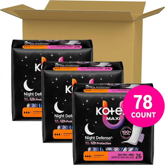 Kotex Overnight Maxi Pads, Wings, 78 Count, 3 Packs of 26
